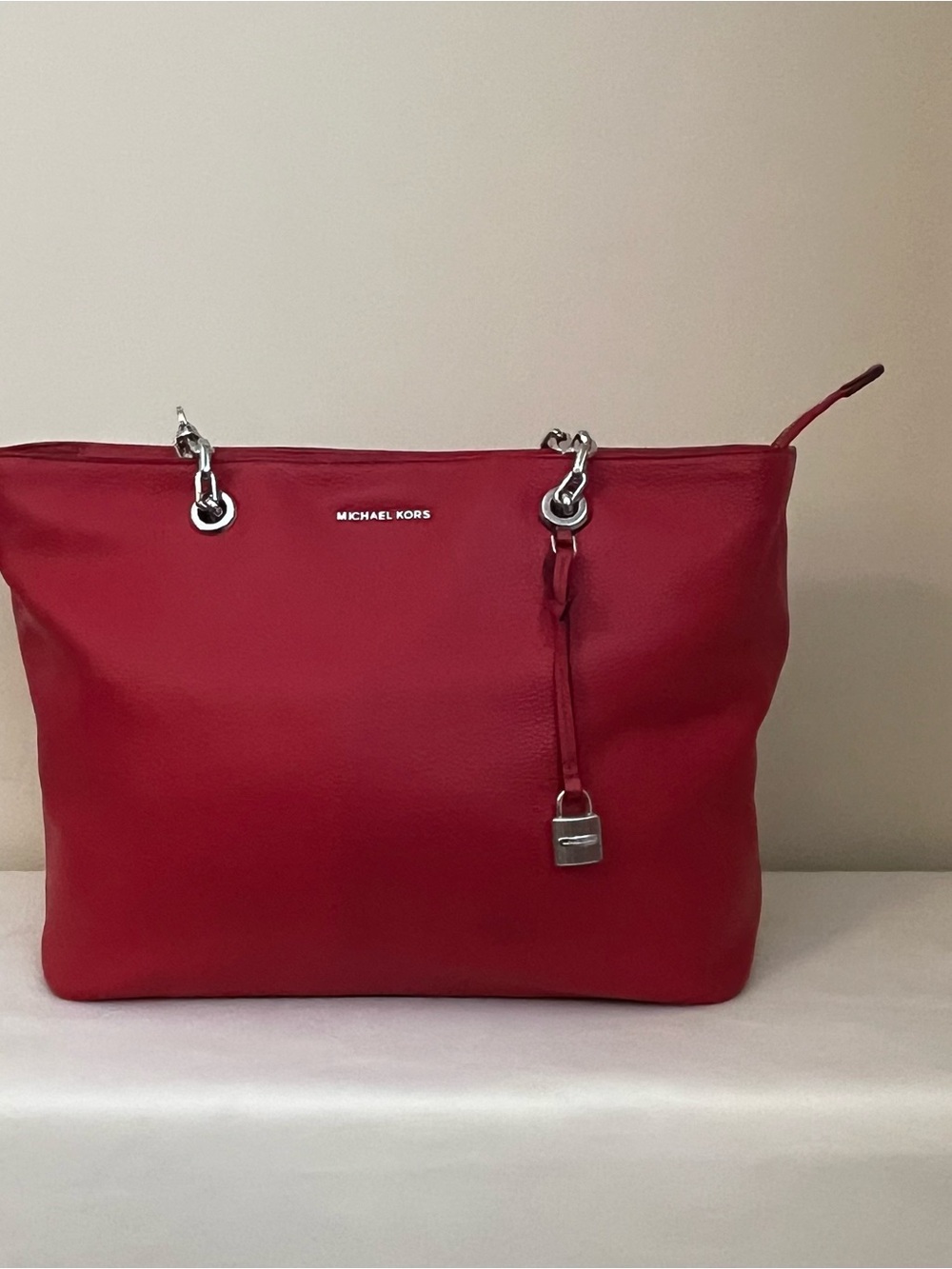 Michael Kors Pebbled Red Leather Tote/Laptop Bag with Silver Hardware